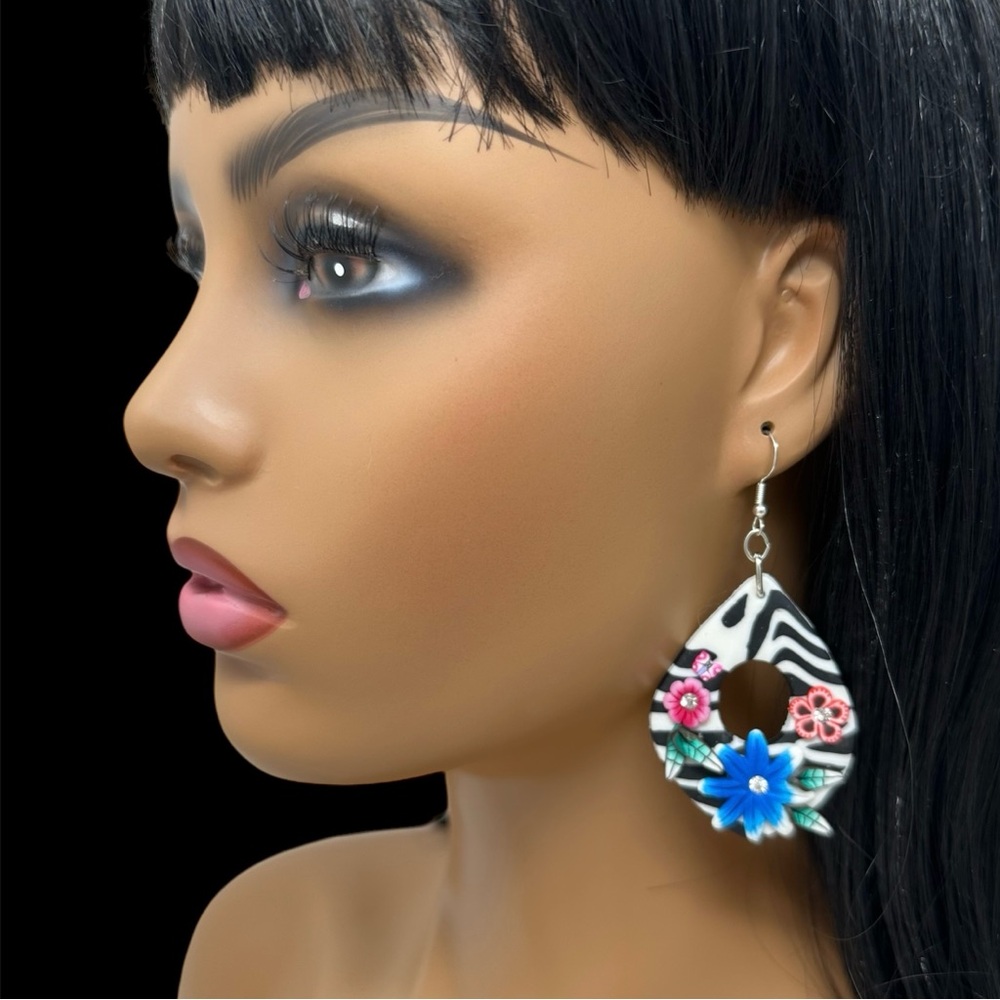 Flowers & Zebra Print Fimo Polymer Clay Handmade Dangle Earrings - Picture 3 of 3